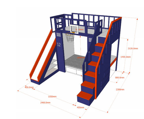 カスタマイズされた安全な子供の家具の純木およびバスケットボールのたがおよびスライドを持つ男の子の子供のベッドの青のためのMDFの二段ベッド
